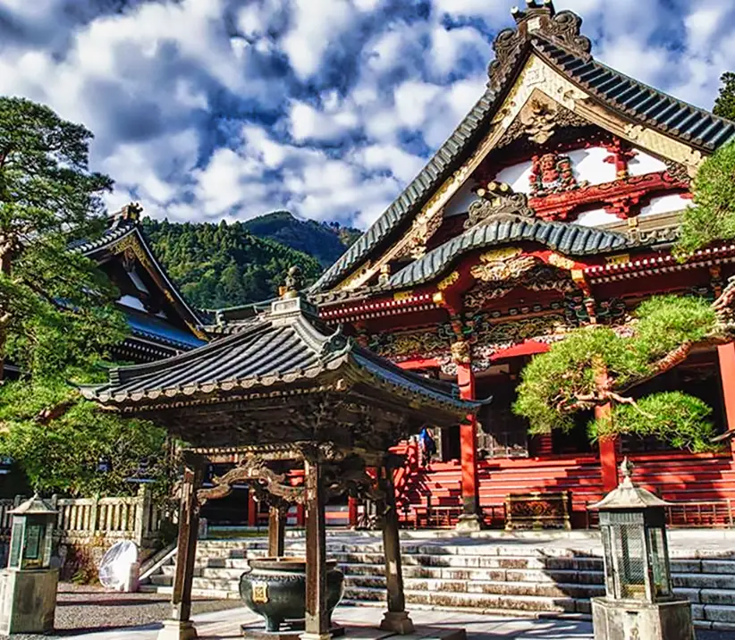Traditional temple surrounded by forest in Yamanashi Japan